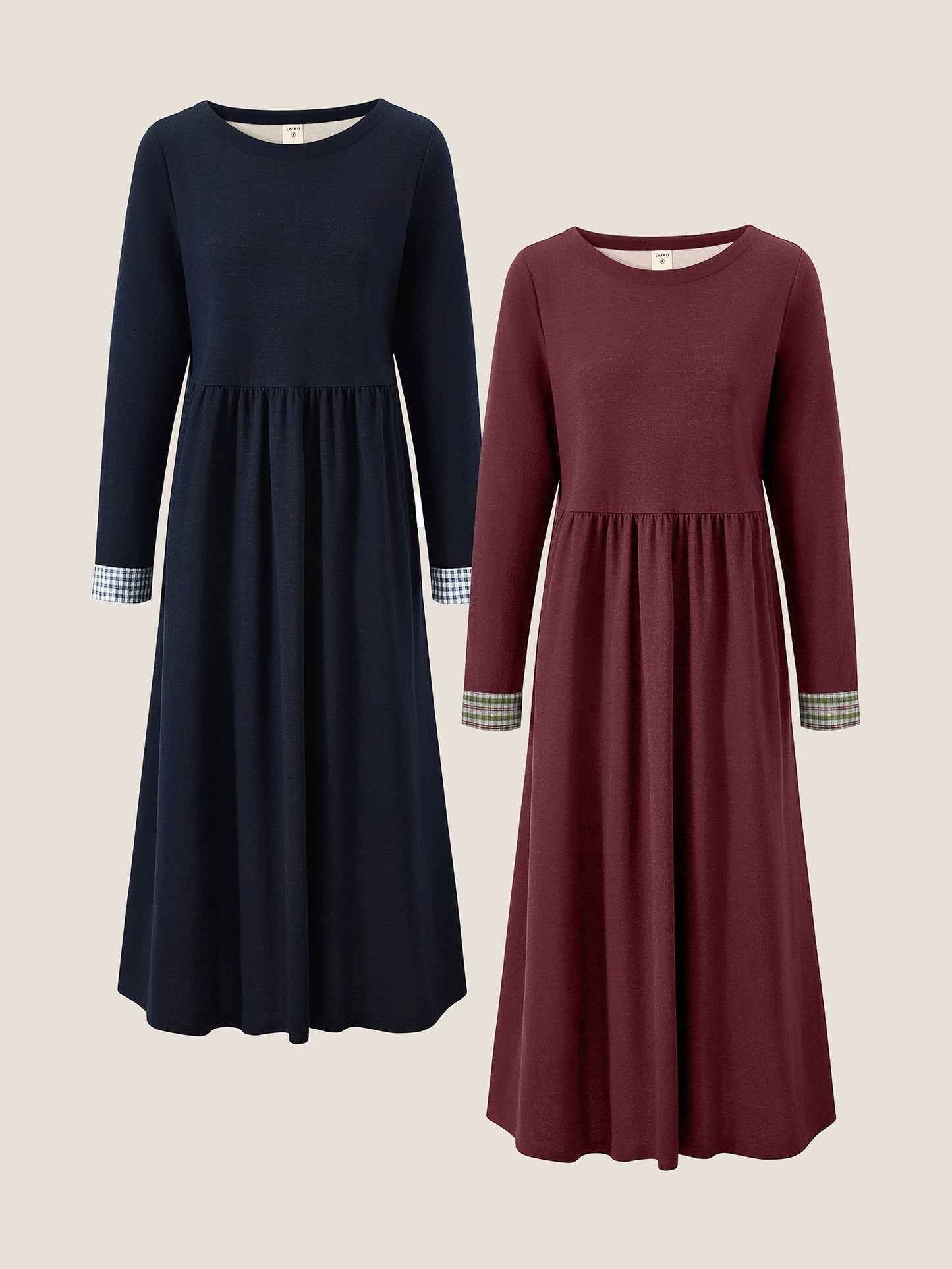 Robe longue décontractée à col rond et poignets patchwork en coton biologique SCARLETT