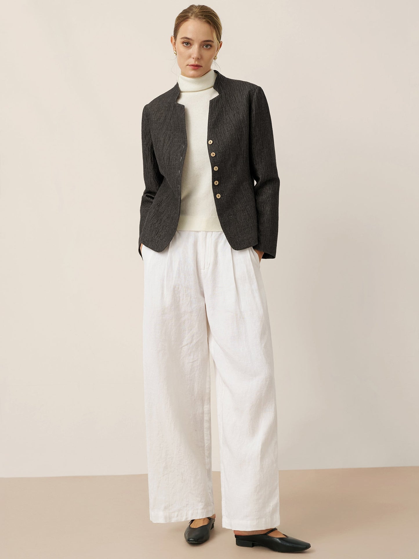 Veste Chemise Boutonnée à Col Mao en Lin KIMBERLY