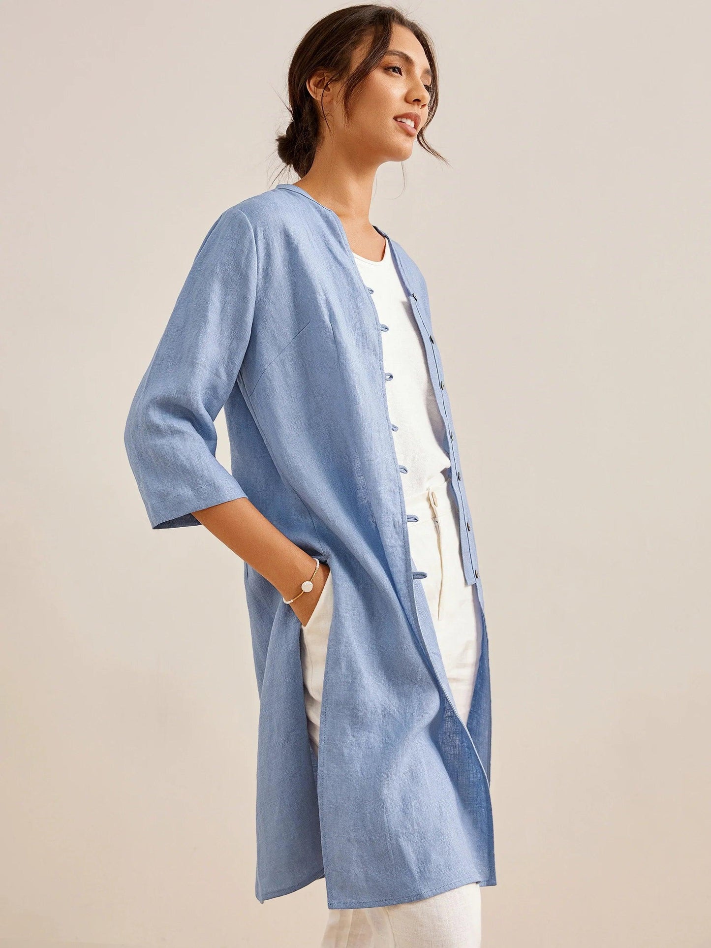 Haut long 100% lin à boutons faits main DILLON