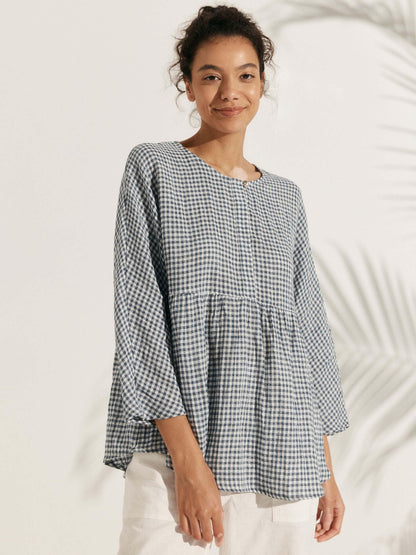 Haut à manches longues à carreaux en lin CAROLINE