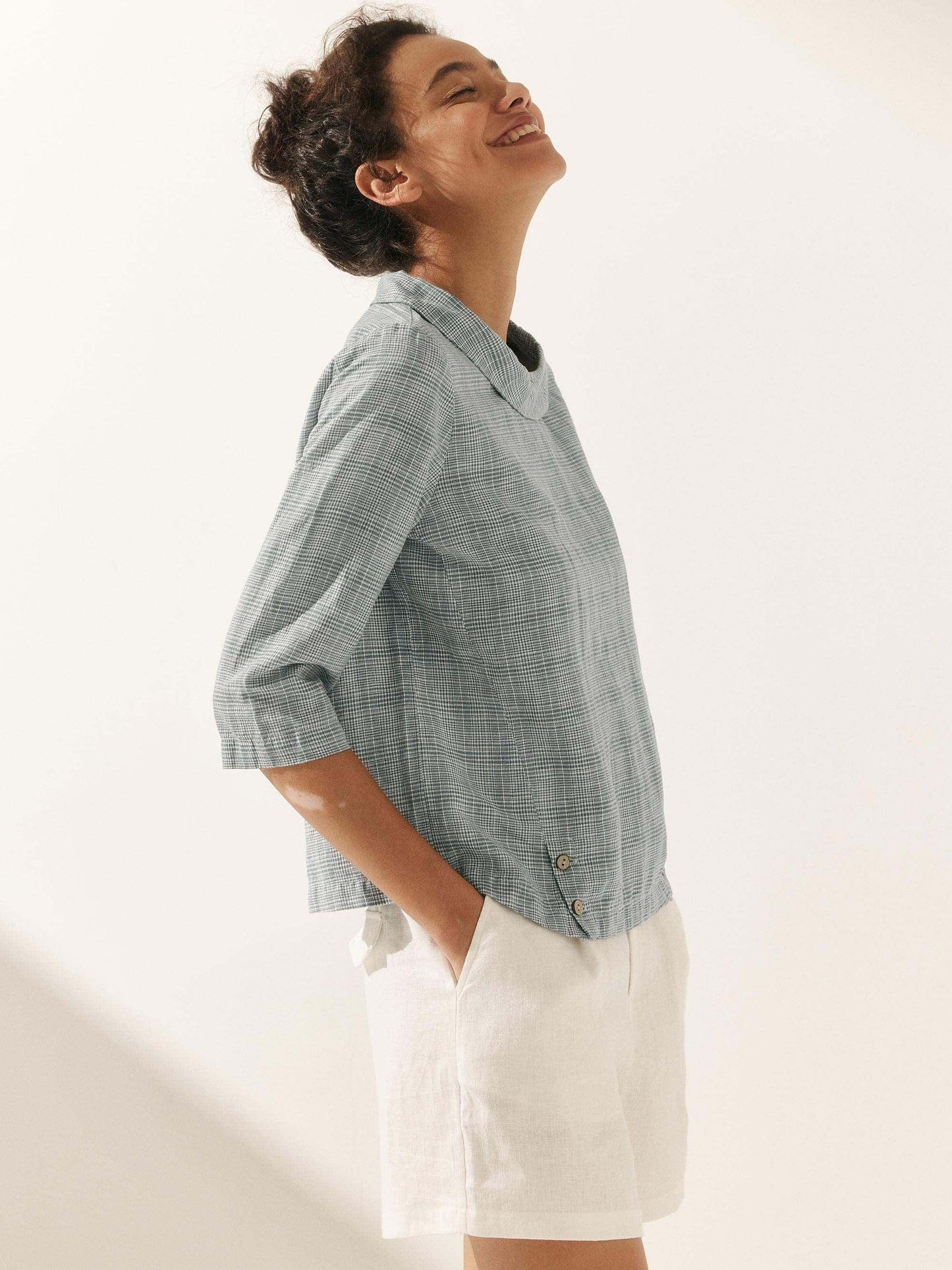 Haut à col souple et rond à carreaux Vichy en lin LAURA