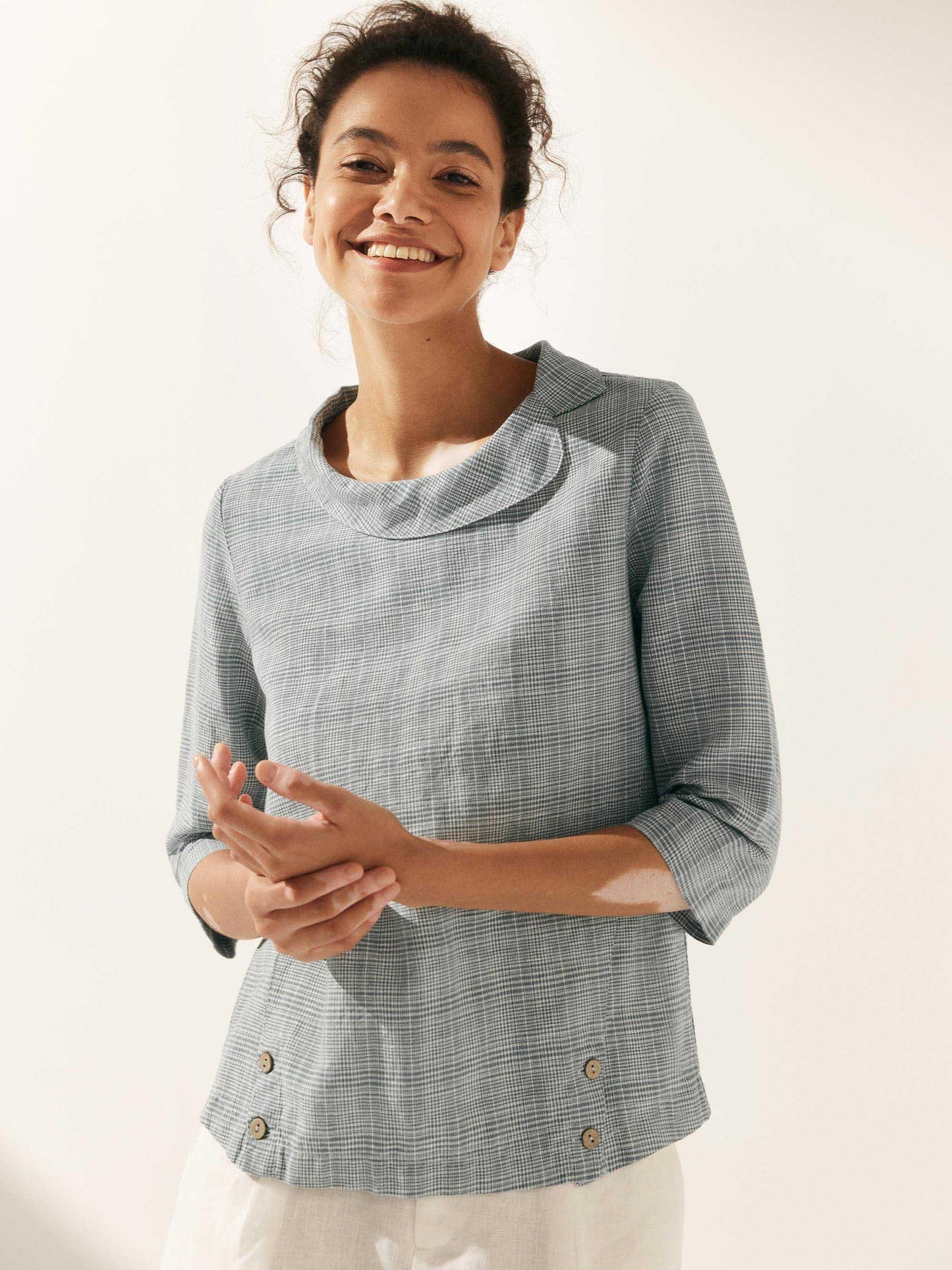 Haut à col souple et rond à carreaux Vichy en lin LAURA