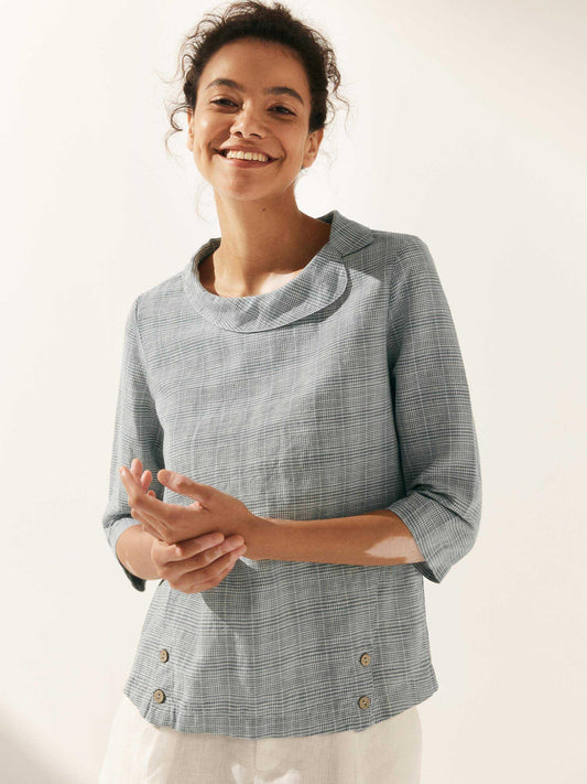 Haut à col souple et rond à carreaux Vichy en lin LAURA