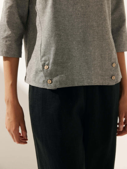 Haut à col souple et rond à carreaux Vichy en lin LAURA