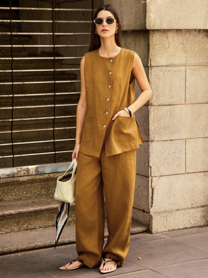 Gilet ELFRIDA 100% Lin à Boutons et Patte de Boutonnage Courbe