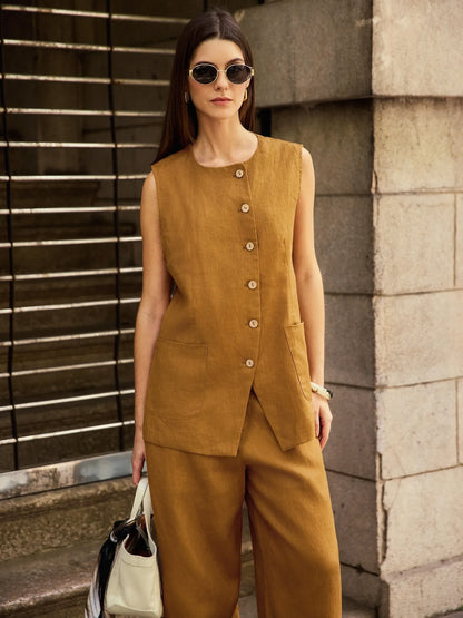 Gilet ELFRIDA 100% Lin à Boutons et Patte de Boutonnage Courbe