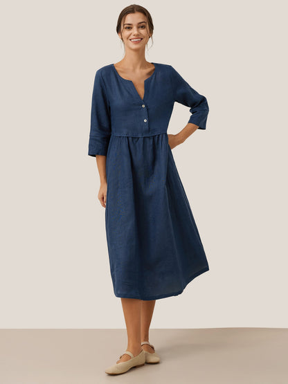 Robe longue ample 100% lin à taille boutonnée et froncée LUNA