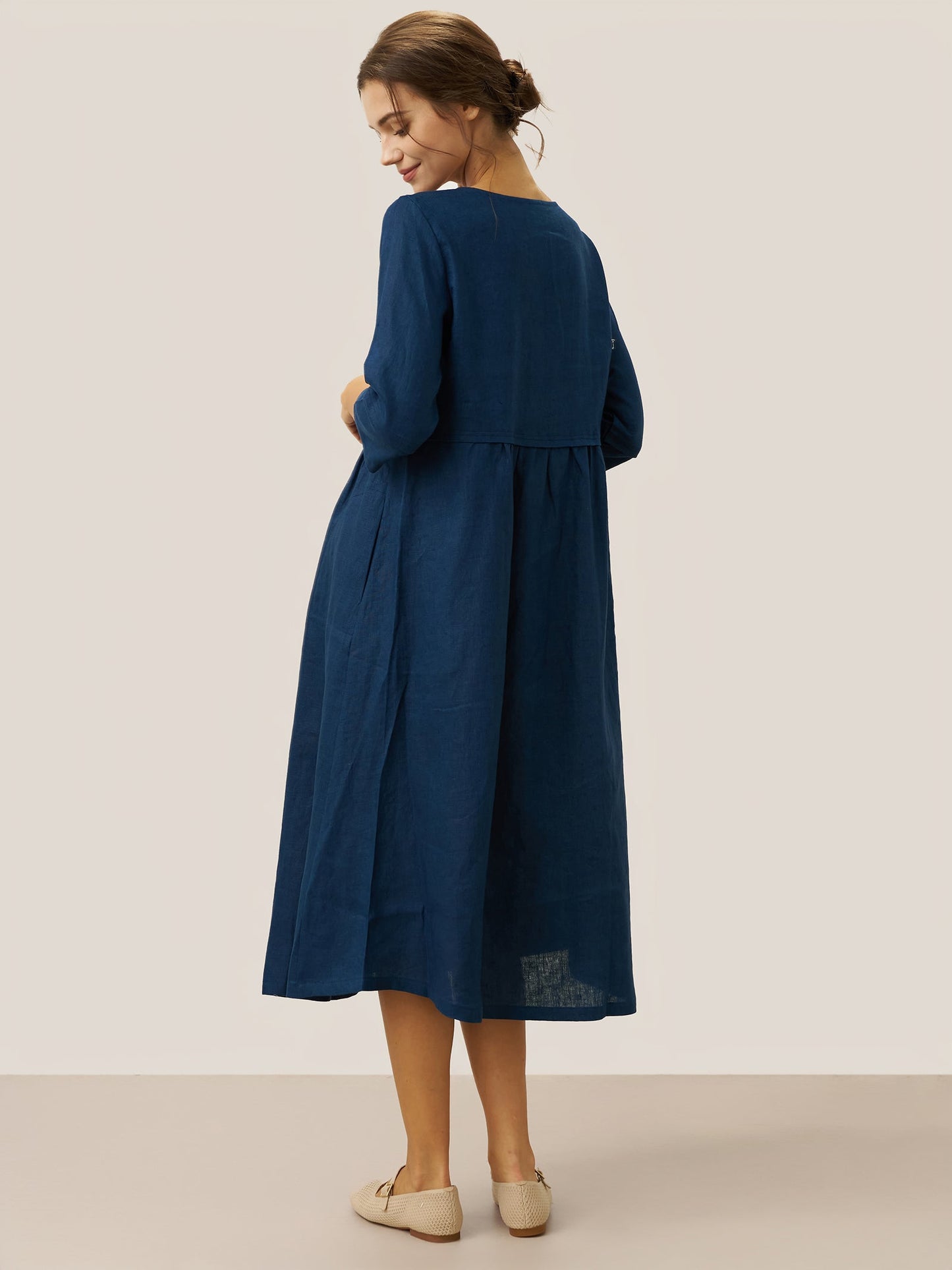 Robe longue ample 100% lin à taille boutonnée et froncée LUNA