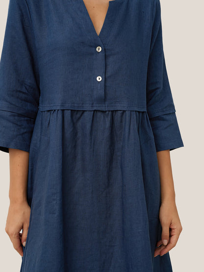 Robe longue ample 100% lin à taille boutonnée et froncée LUNA