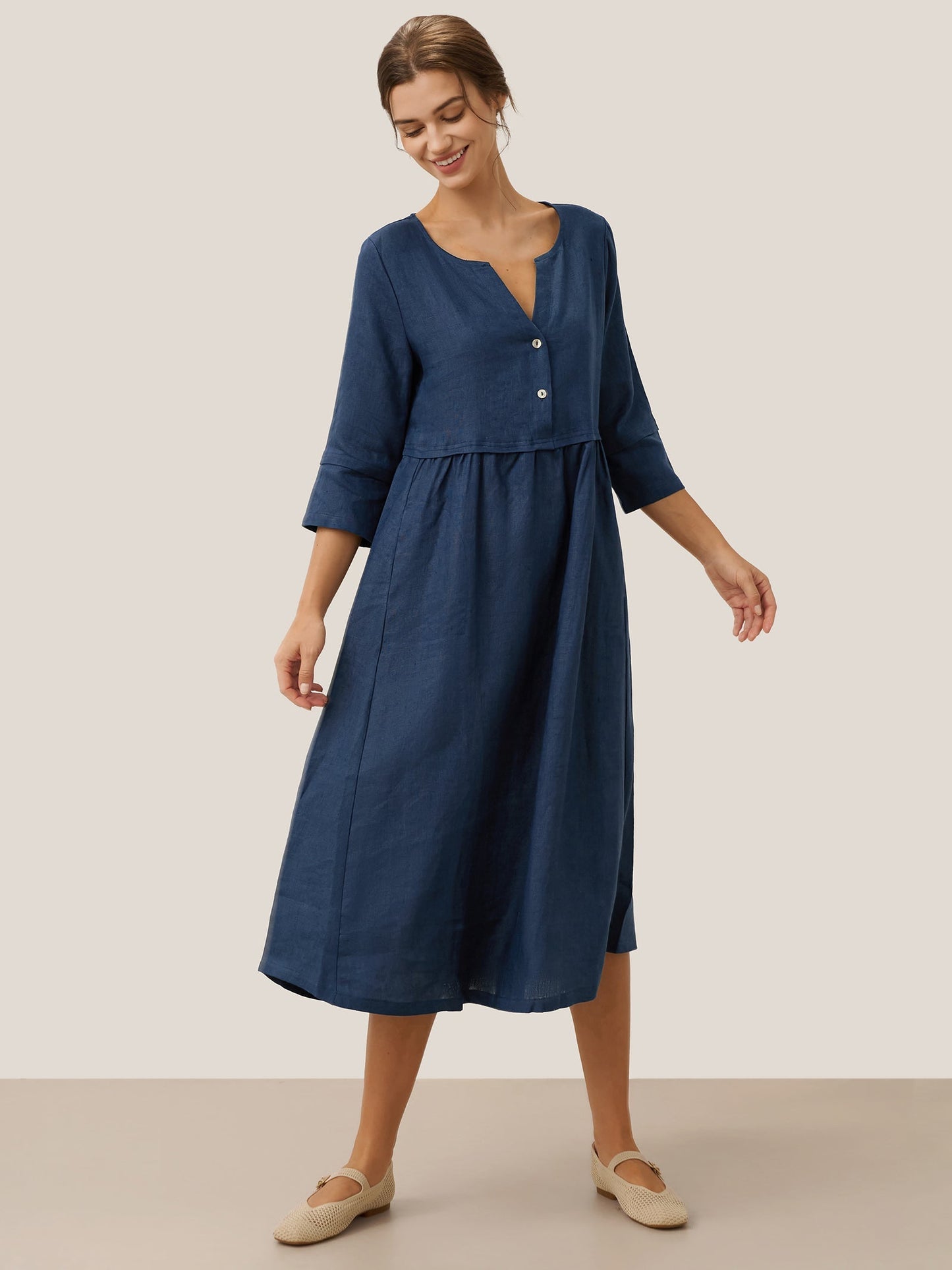 Robe longue ample 100% lin à taille boutonnée et froncée LUNA