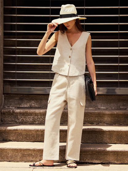 Gilet 100% Lin à Col en V et Fermeture Boutonnée DELIA