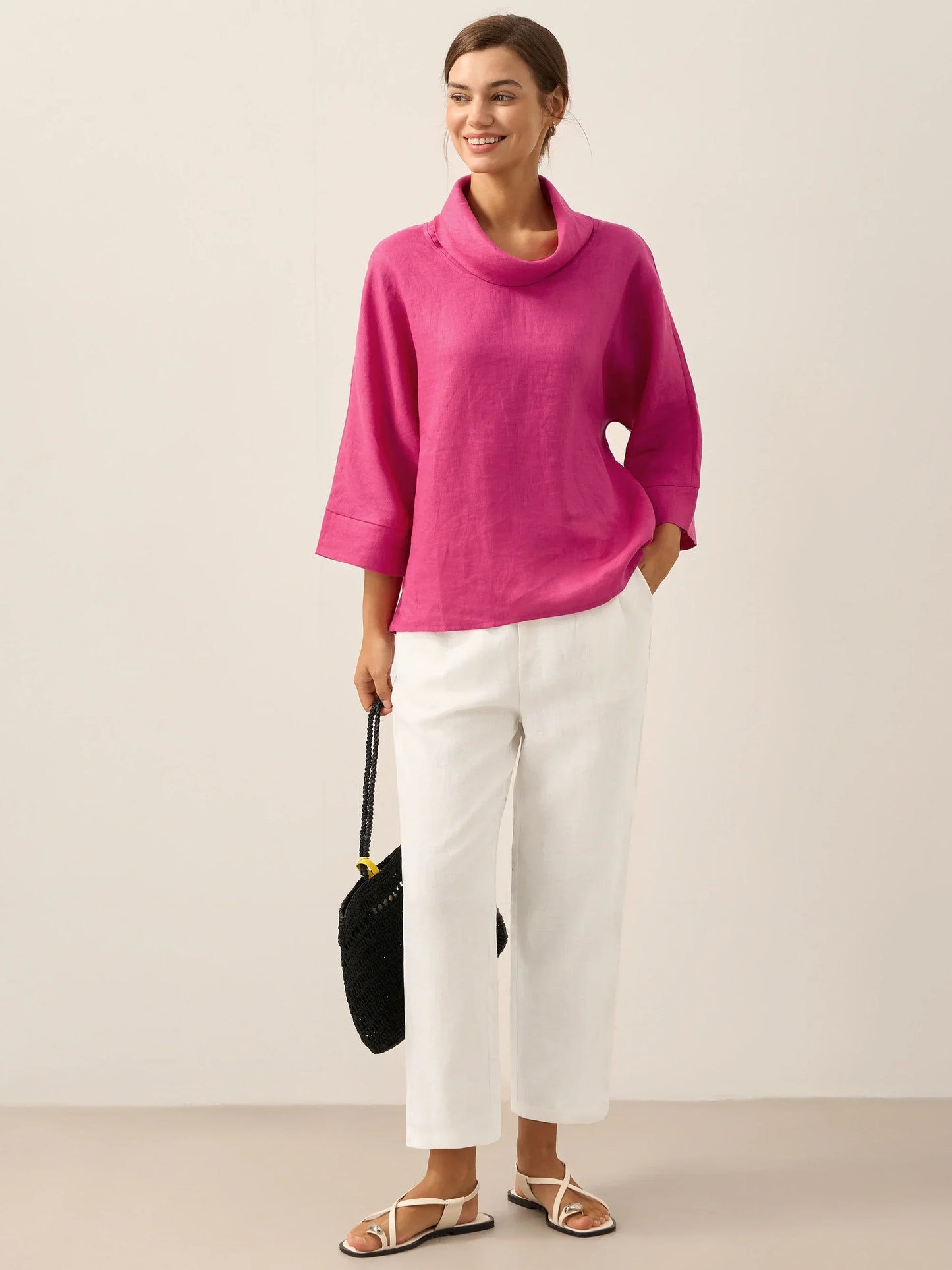 Haut à manches longues et col tombant 100% lin TRISTAN