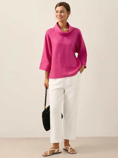 Haut à manches longues et col tombant 100% lin TRISTAN