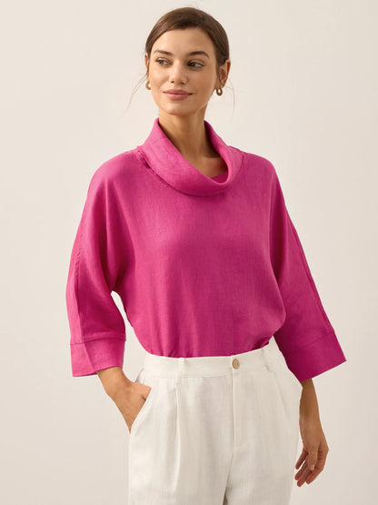 Haut à manches longues et col tombant 100% lin TRISTAN