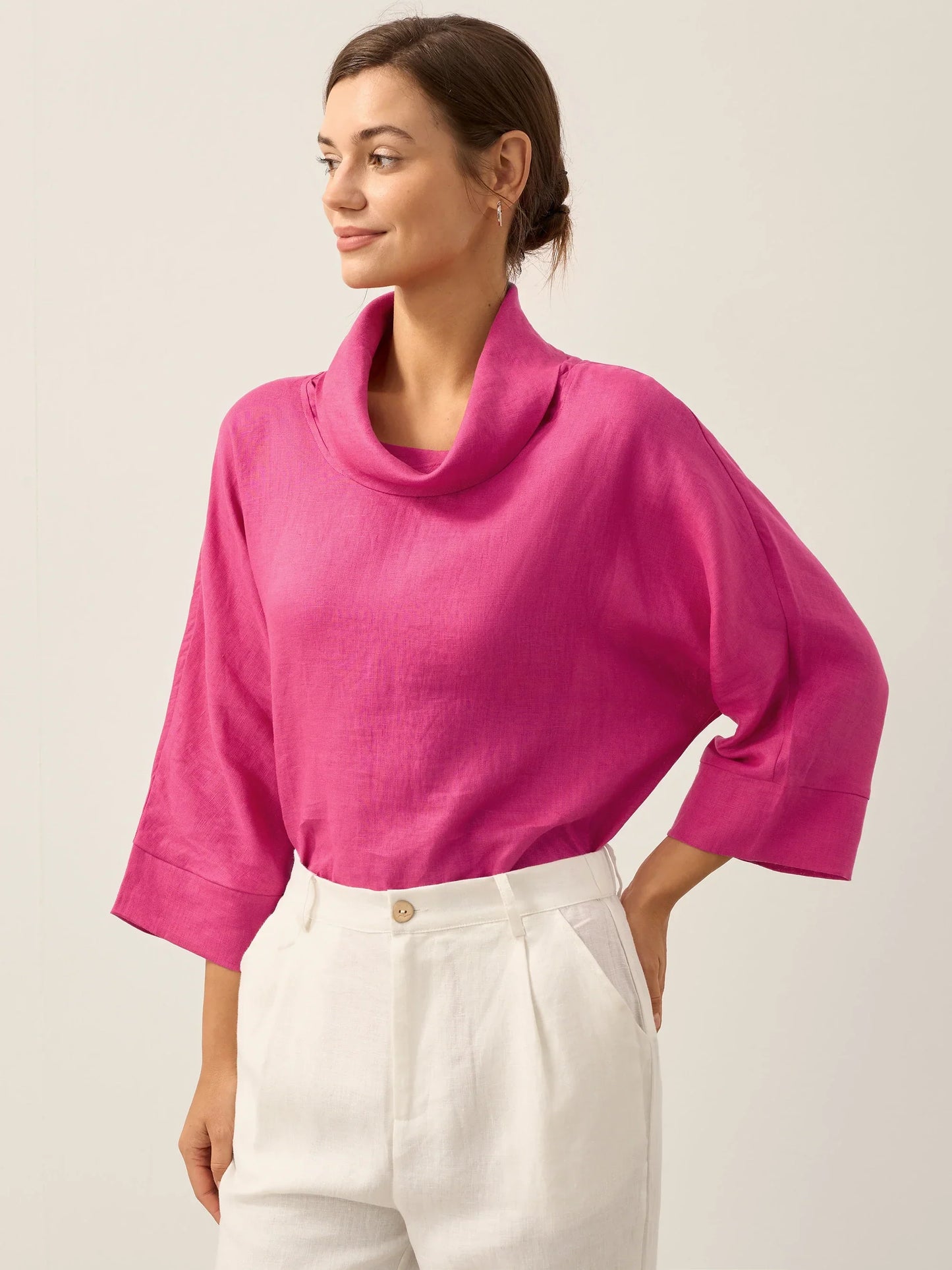 Haut à manches longues et col tombant 100% lin TRISTAN