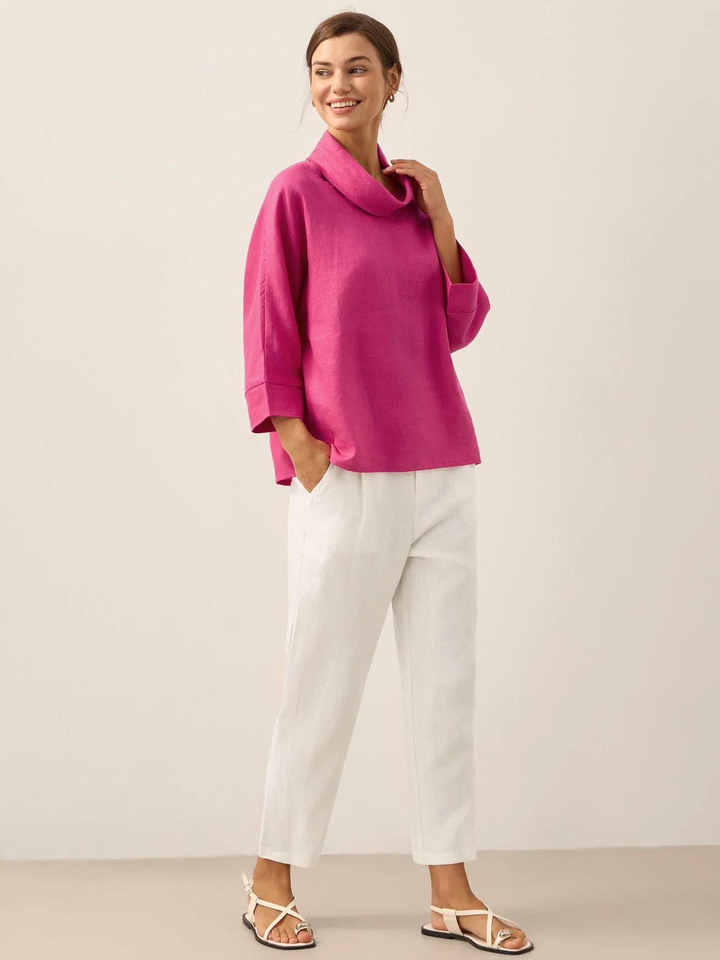 Haut à manches longues et col tombant 100% lin TRISTAN