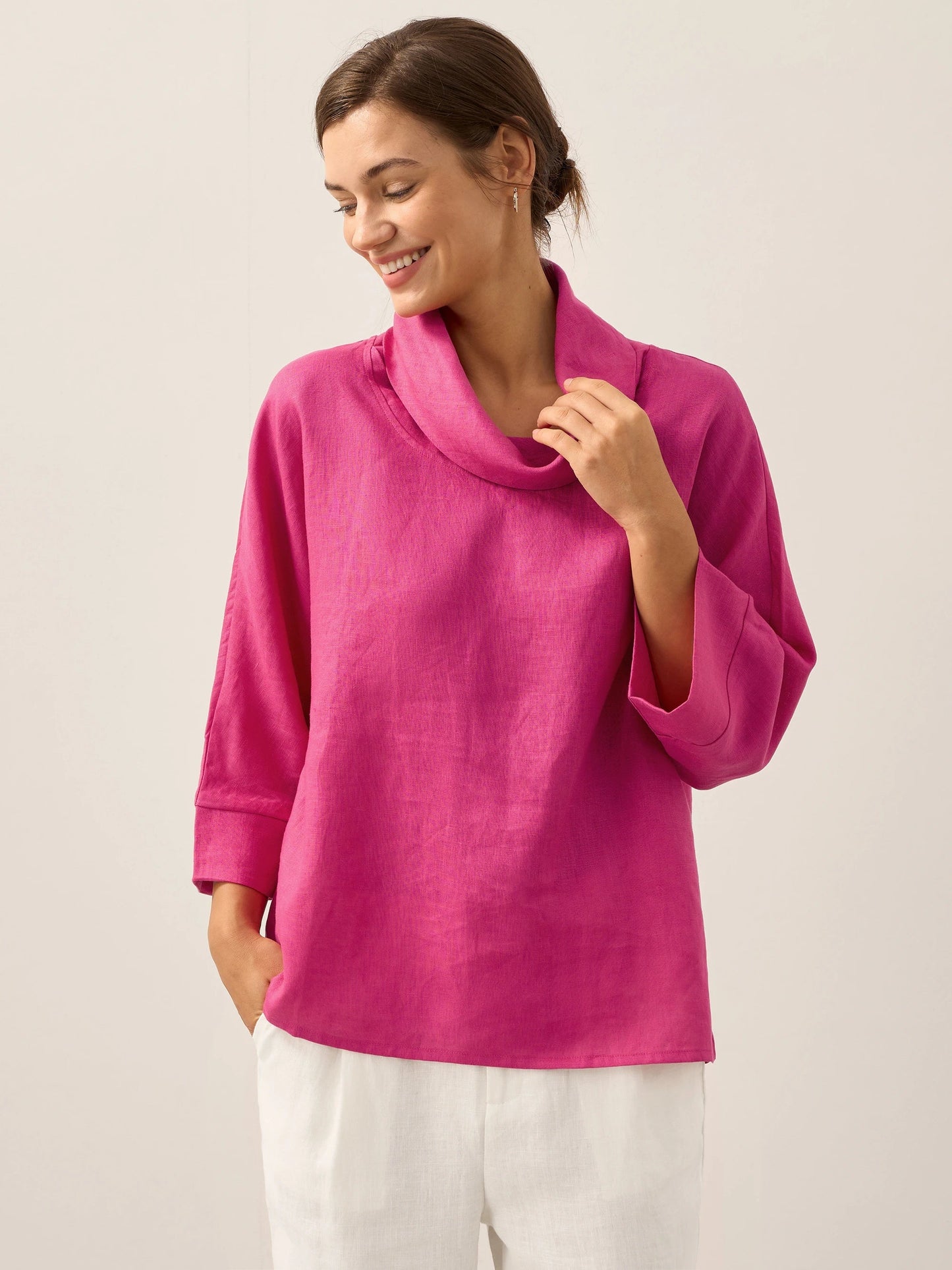 Haut à manches longues et col tombant 100% lin TRISTAN