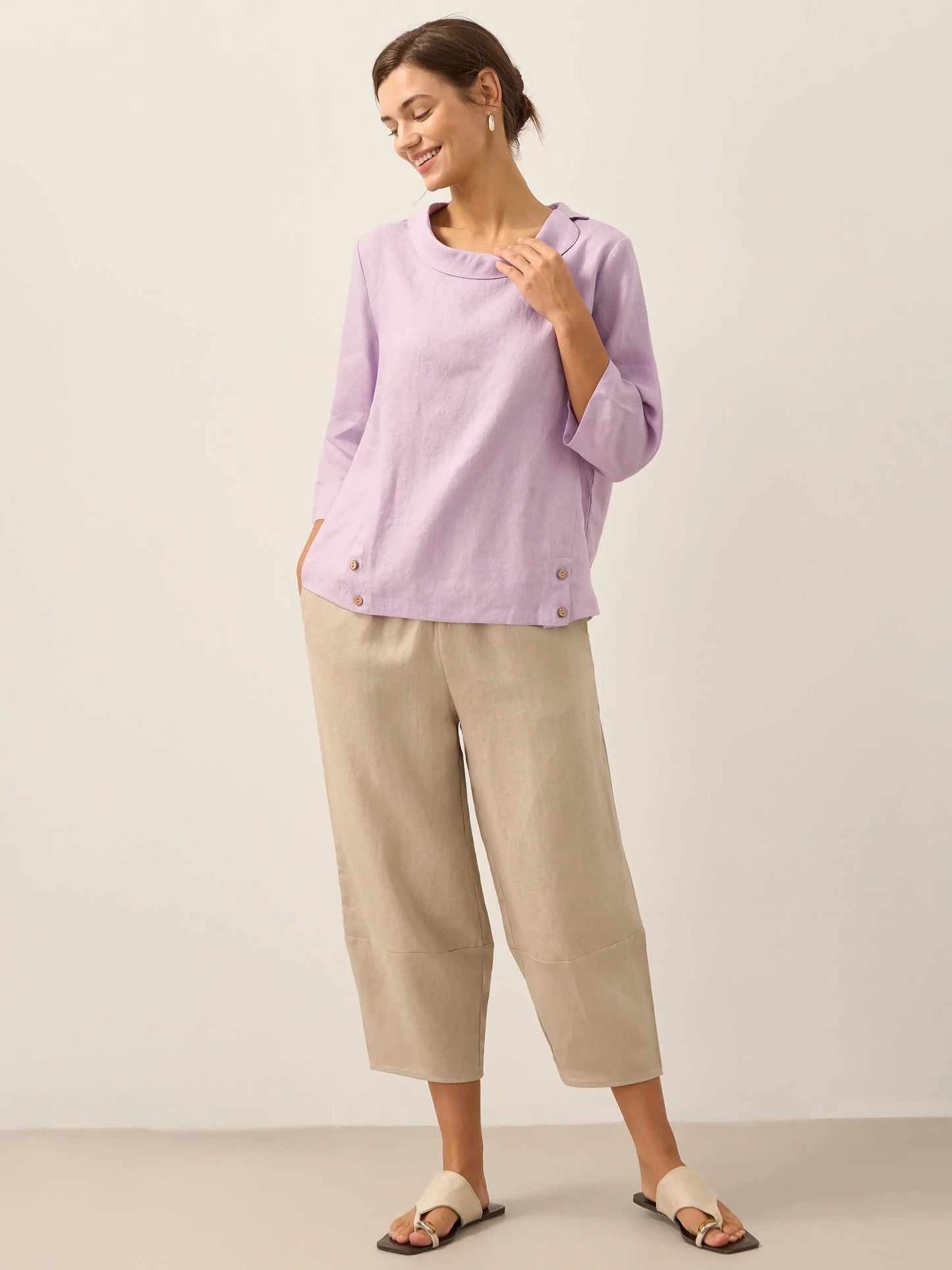 Haut à col souple et rond à carreaux Vichy en lin LAURA