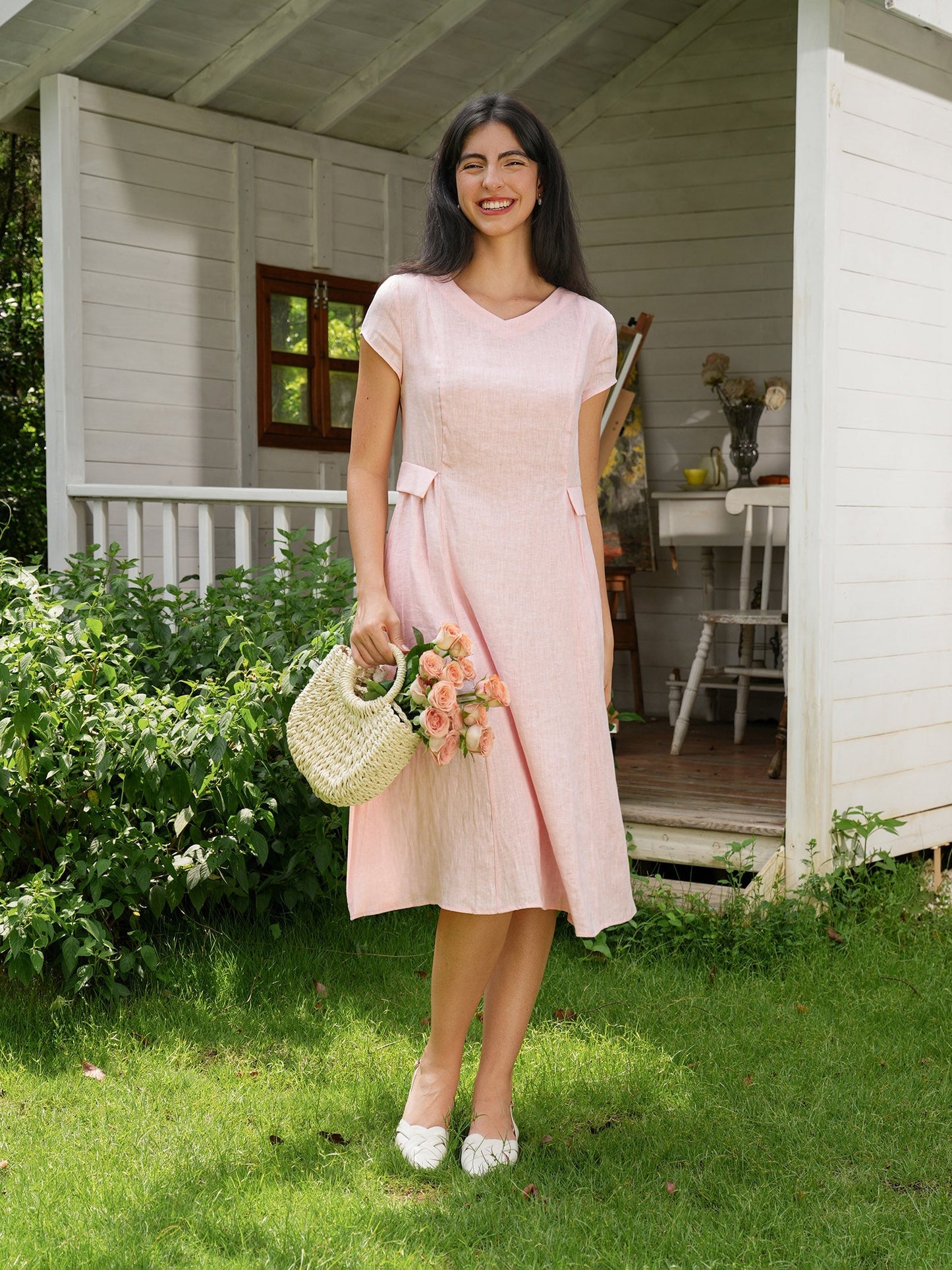 Robe d'été col V naturelle 100% lin ALEXA