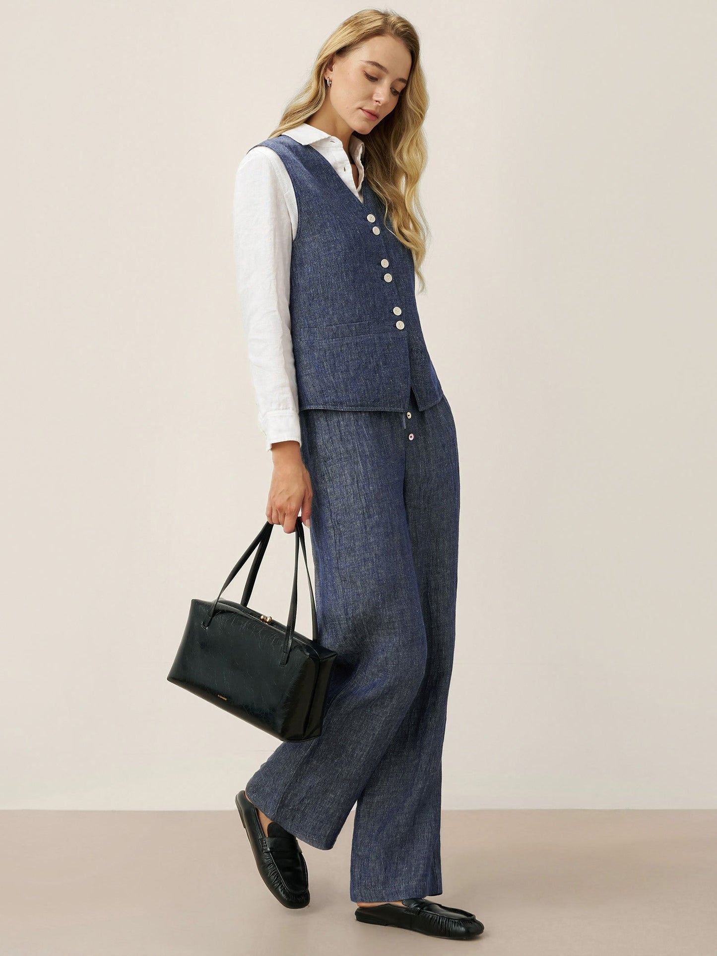 Gilet réversible 100% lin texture denim à boutons HARPER