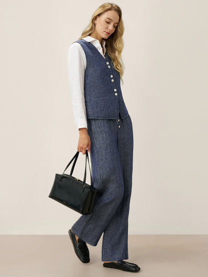 Gilet réversible 100% lin texture denim à boutons HARPER