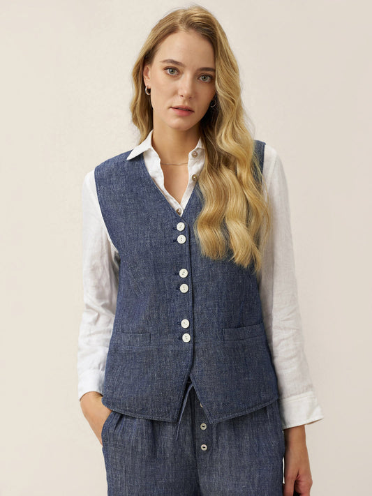 Gilet réversible 100% lin texture denim à boutons HARPER