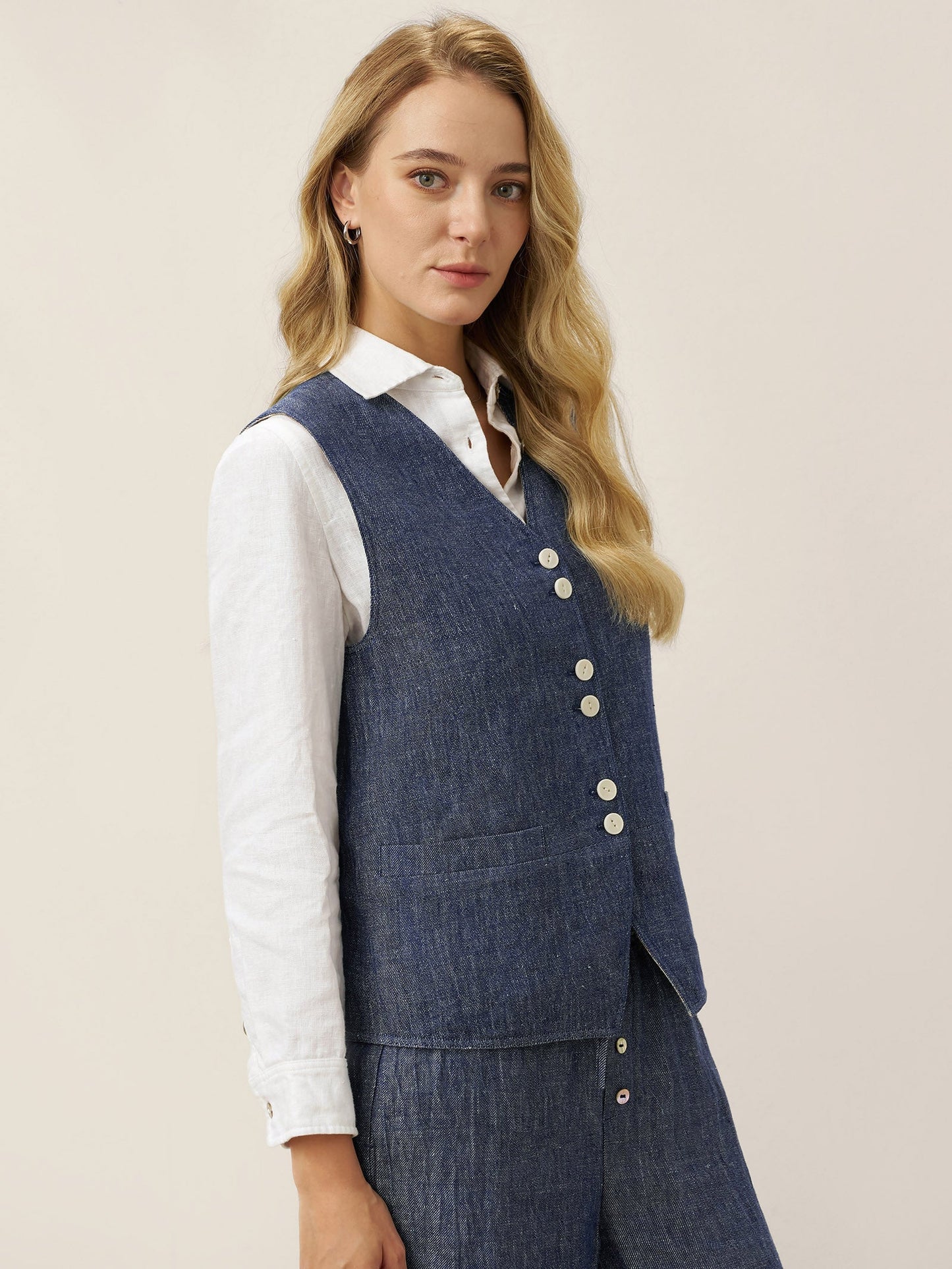 Gilet réversible 100% lin texture denim à boutons HARPER