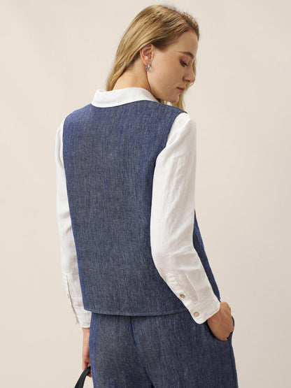 Gilet réversible 100% lin texture denim à boutons HARPER