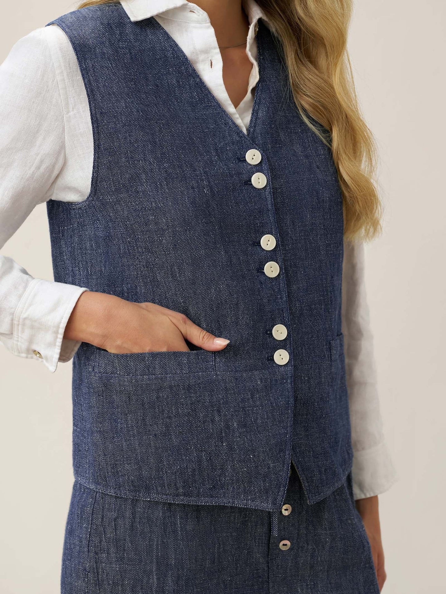 Gilet réversible 100% lin texture denim à boutons HARPER