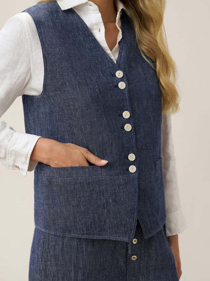 Gilet réversible 100% lin texture denim à boutons HARPER