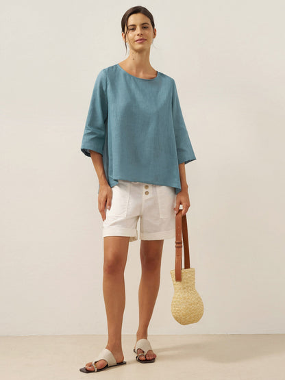 Haut en lin 100% à col rond et ourlet asymétrique BRIANNA