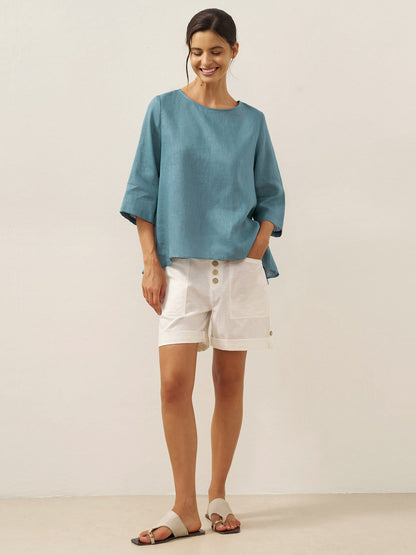 Haut en lin 100% à col rond et ourlet asymétrique BRIANNA