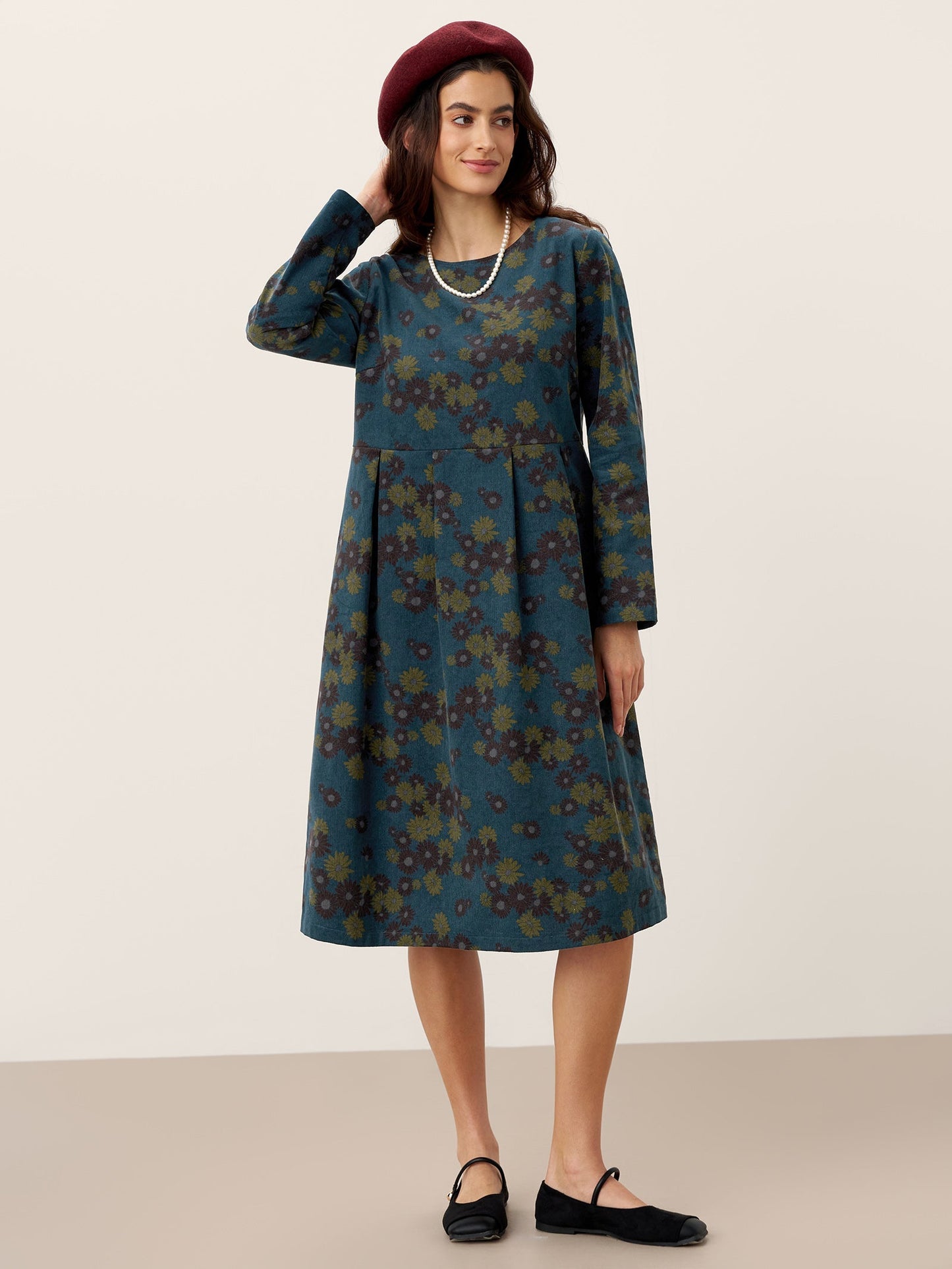 Robe midi à encolure bateau imprimée et froncée en coton 100% biologique CRESSIDA