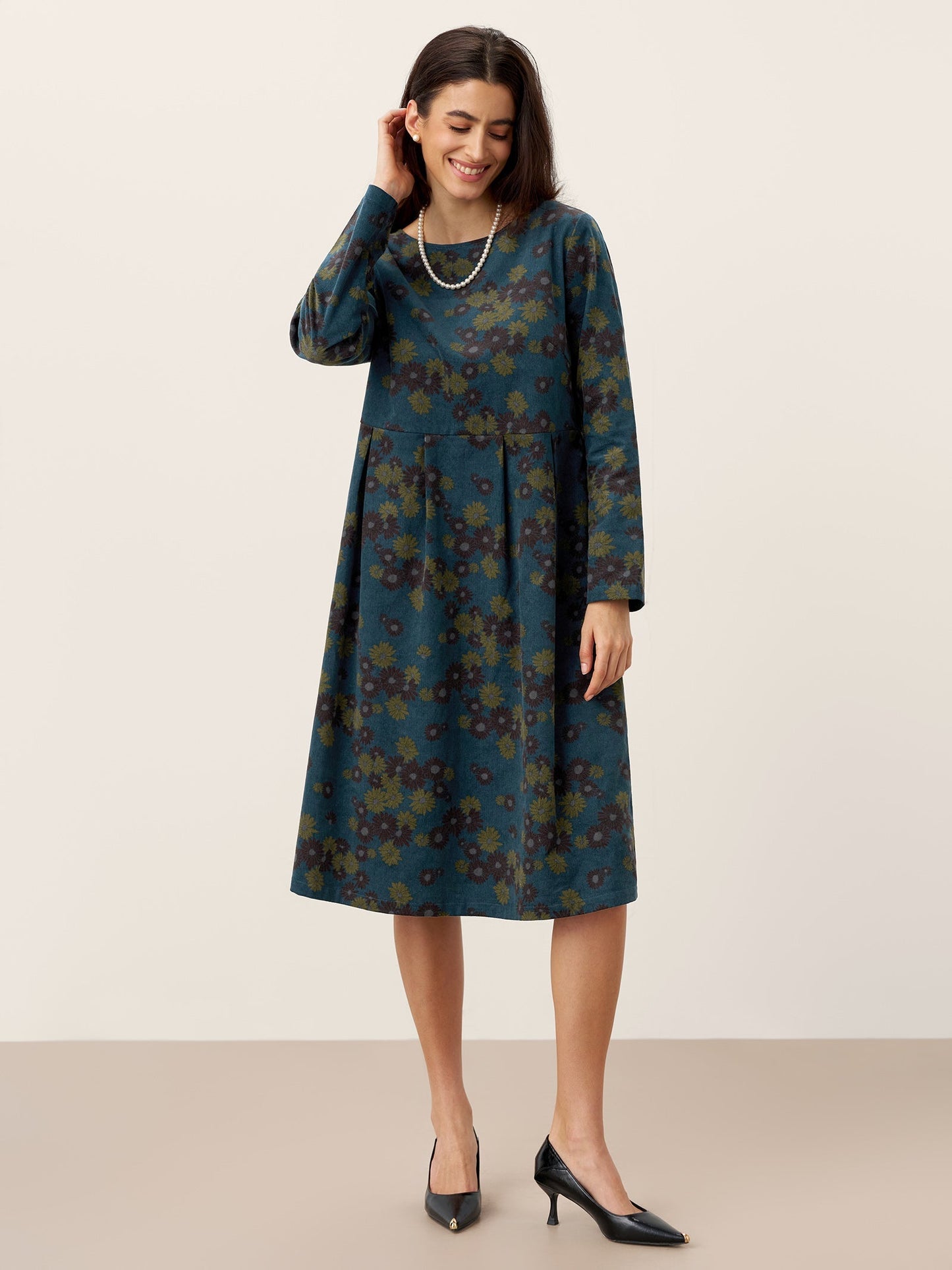 Robe midi à encolure bateau imprimée et froncée en coton 100% biologique CRESSIDA