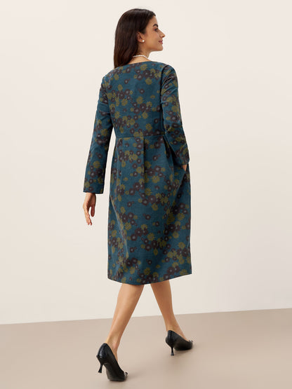 Robe midi à encolure bateau imprimée et froncée en coton 100% biologique CRESSIDA