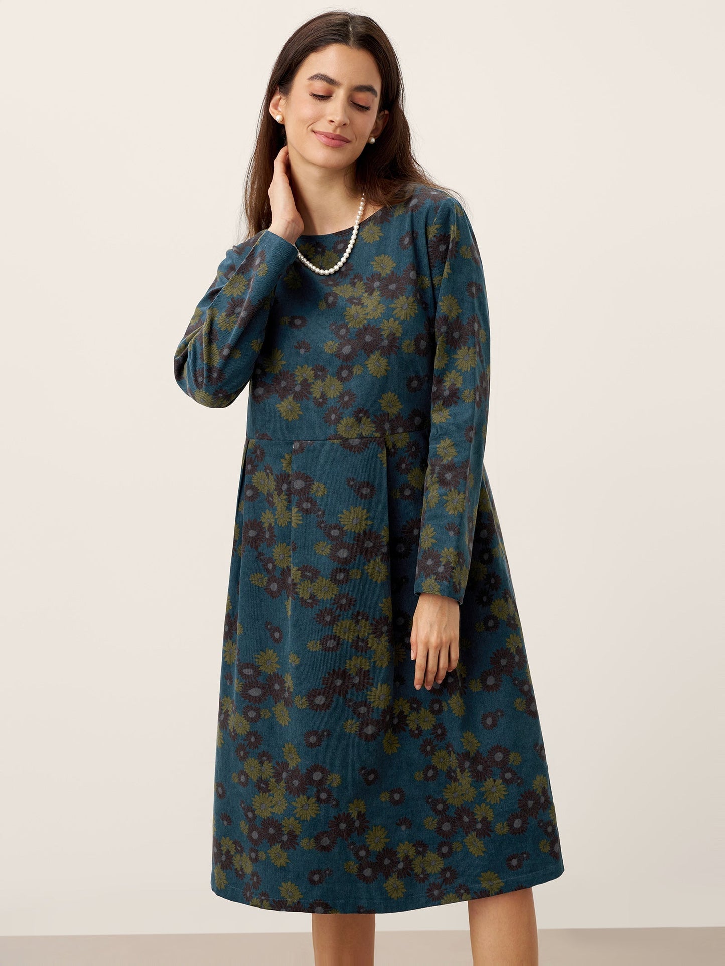 Robe midi à encolure bateau imprimée et froncée en coton 100% biologique CRESSIDA