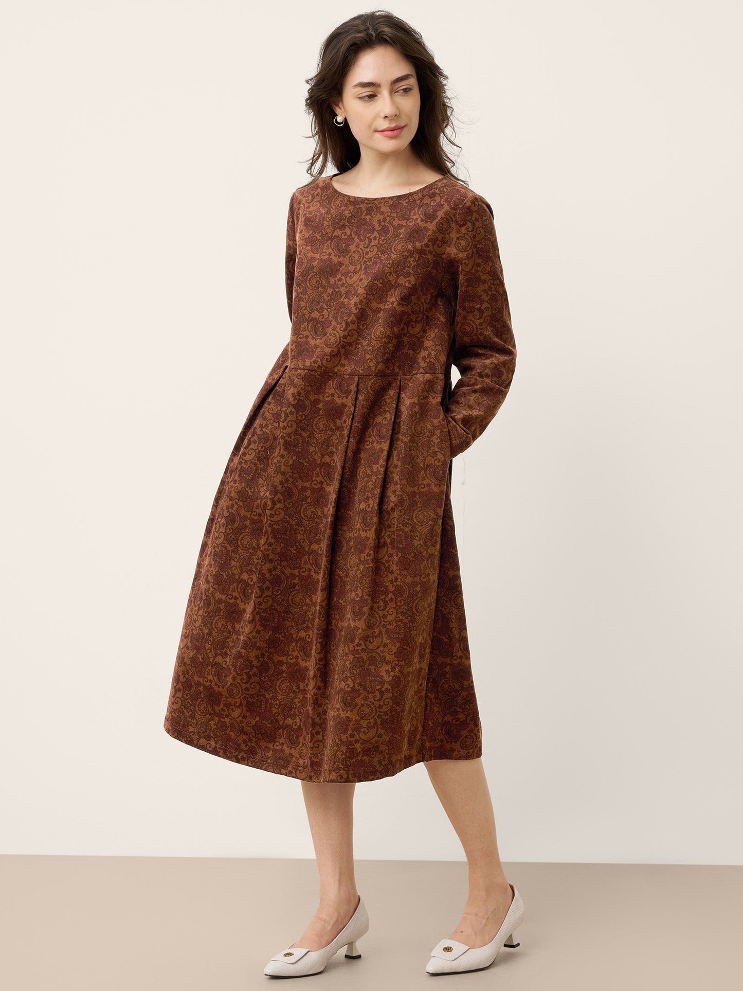 Robe midi à encolure bateau imprimée et froncée en coton 100% biologique CRESSIDA