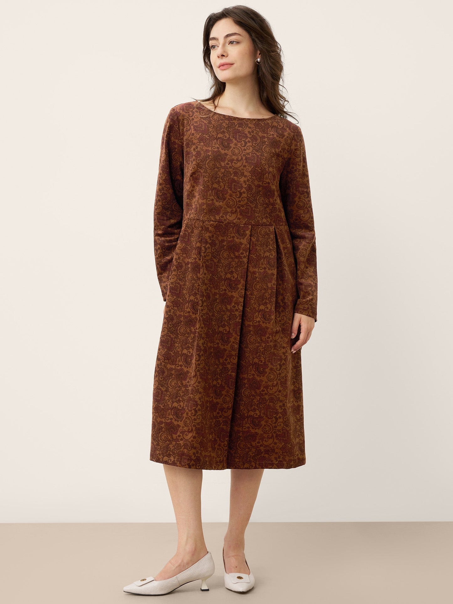 Robe midi à encolure bateau imprimée et froncée en coton 100% biologique CRESSIDA