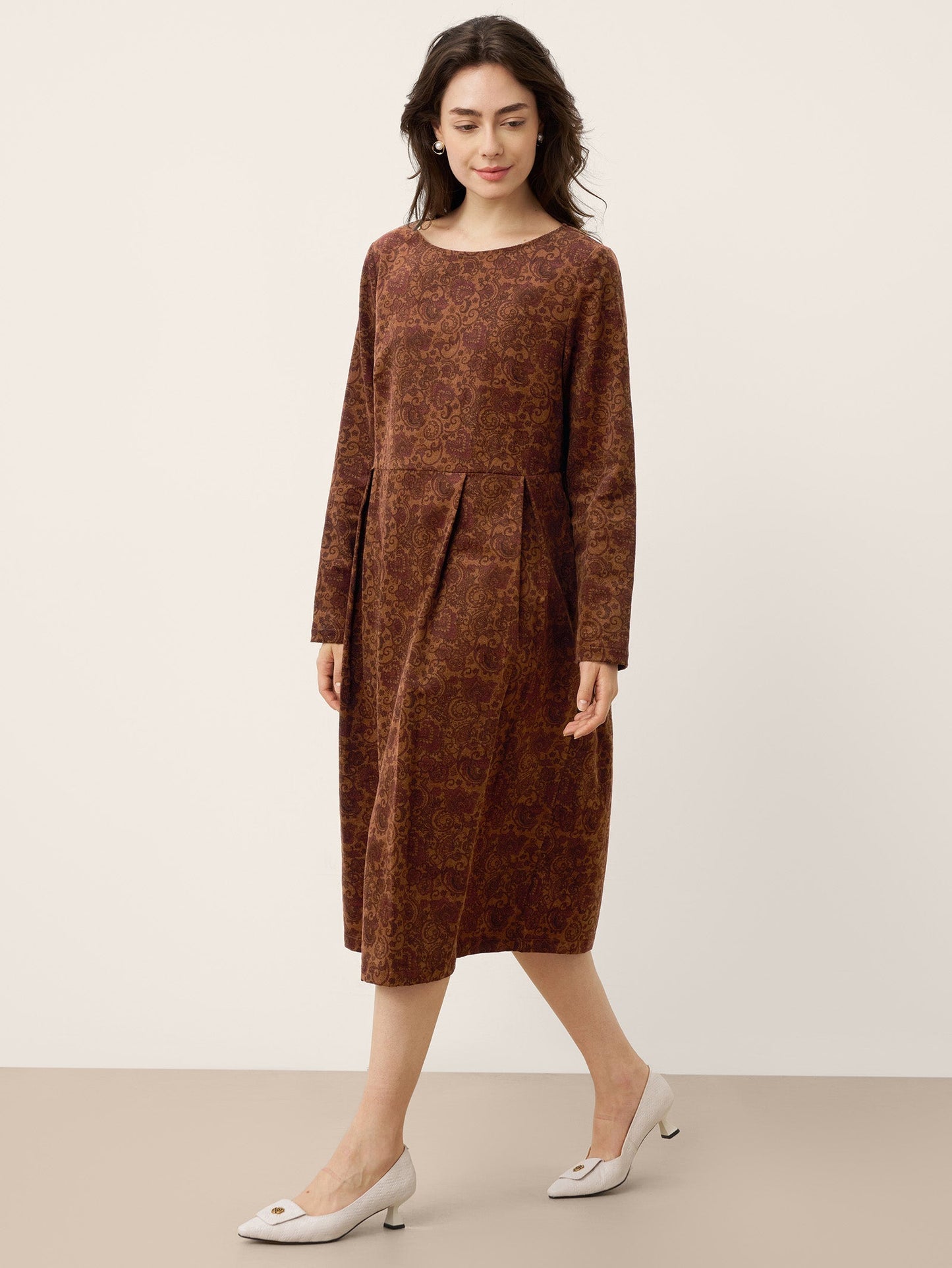 Robe midi à encolure bateau imprimée et froncée en coton 100% biologique CRESSIDA