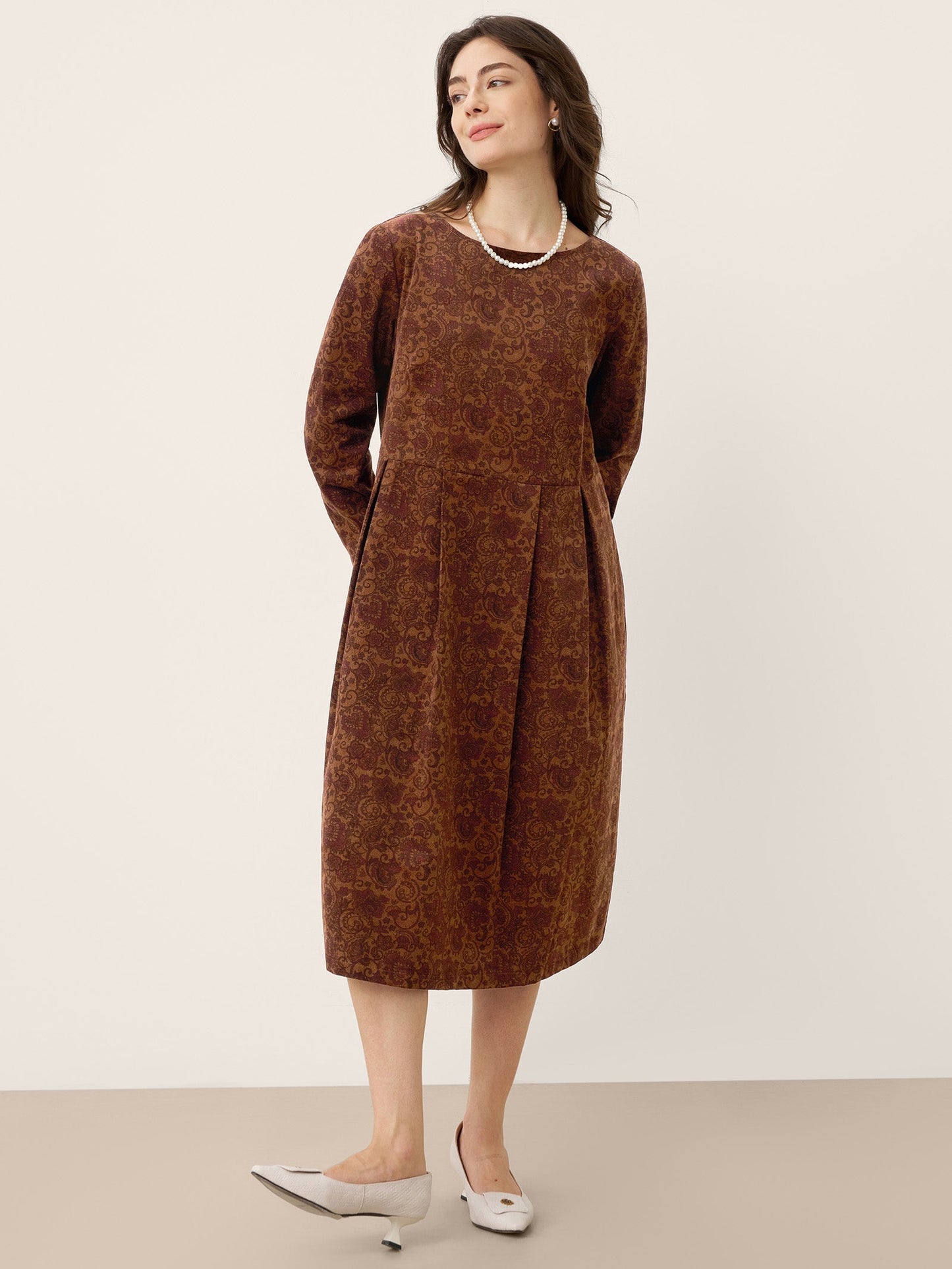 Robe midi à encolure bateau imprimée et froncée en coton 100% biologique CRESSIDA