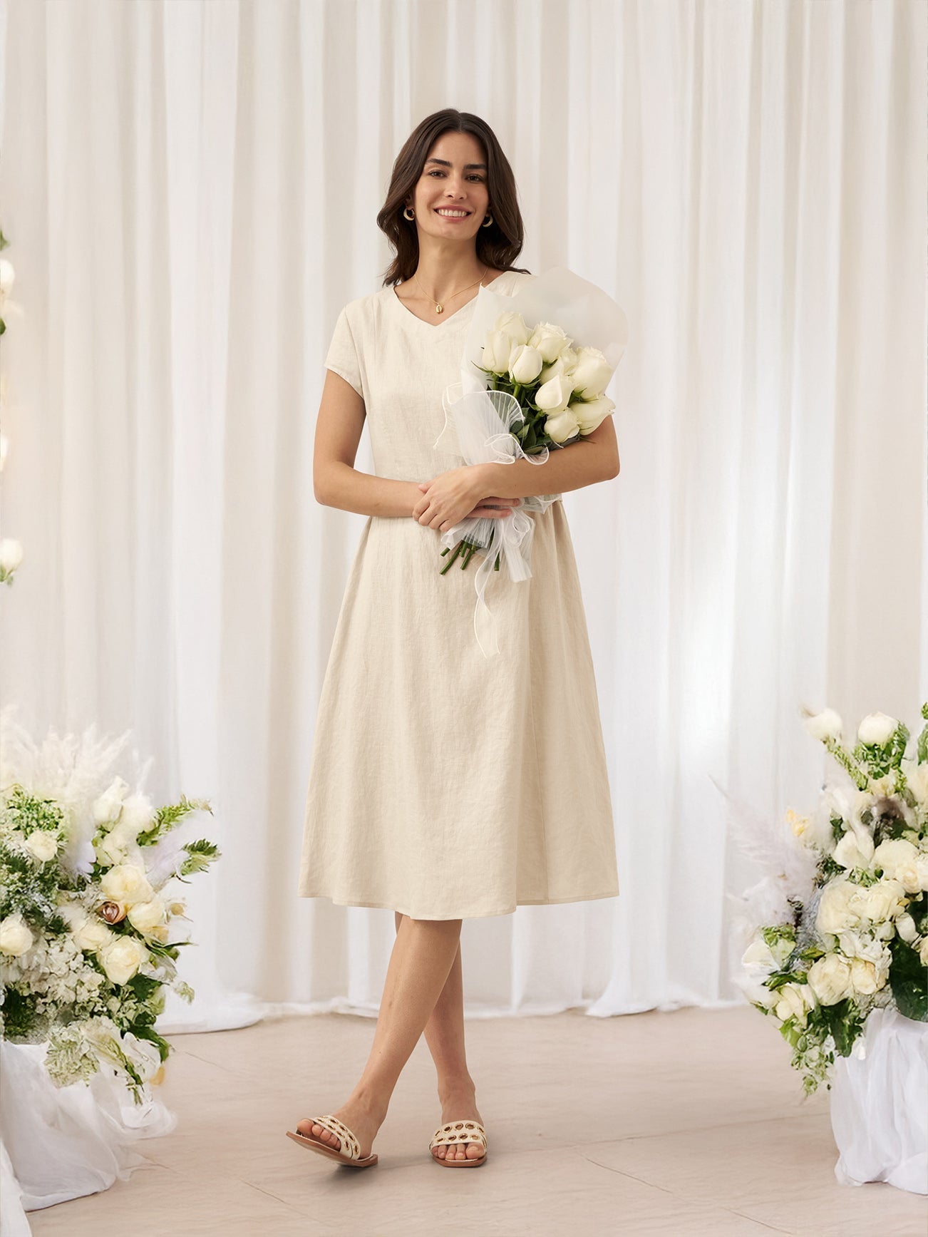 Robe d'été col V naturelle 100% lin ALEXA