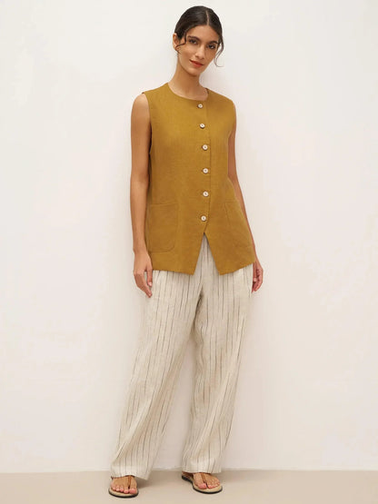 Gilet ELFRIDA 100% Lin à Boutons et Patte de Boutonnage Courbe