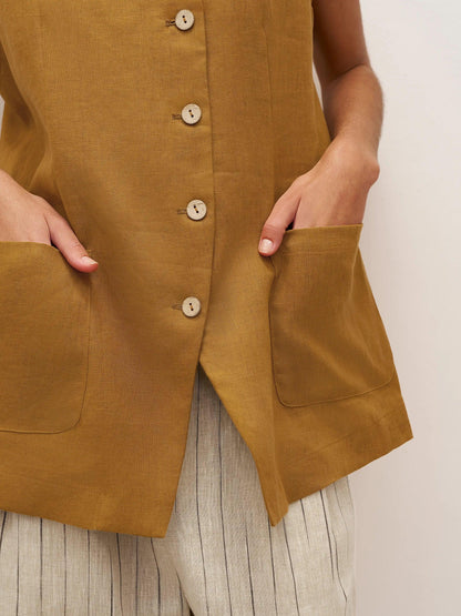 Gilet ELFRIDA 100% Lin à Boutons et Patte de Boutonnage Courbe