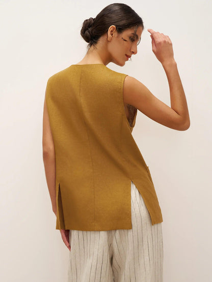 Gilet ELFRIDA 100% Lin à Boutons et Patte de Boutonnage Courbe