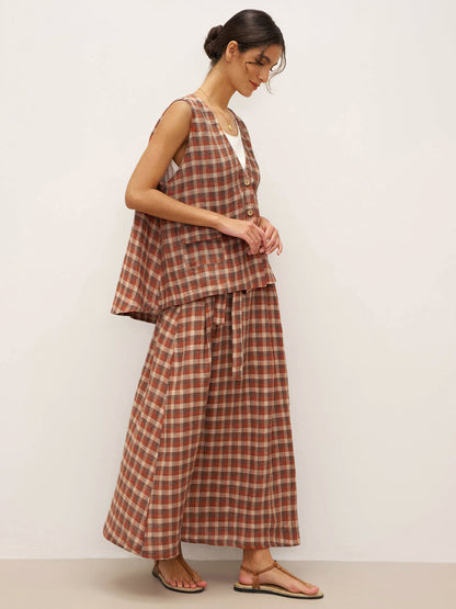 Gilet oversize à carreaux col V 100% lin DORIS