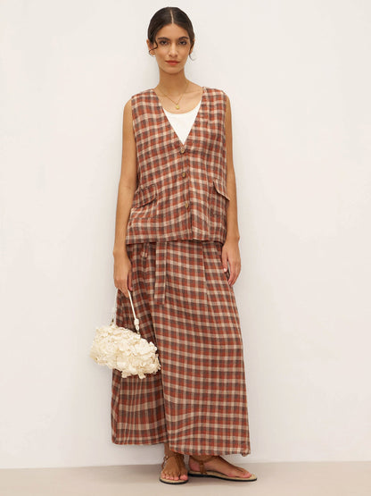 Gilet oversize à carreaux col V 100% lin DORIS