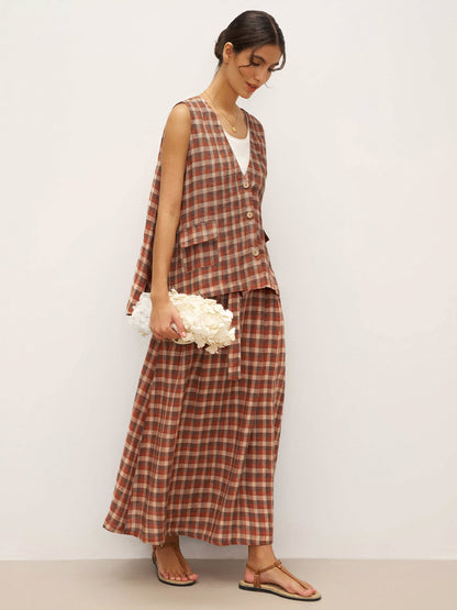 Gilet oversize à carreaux col V 100% lin DORIS