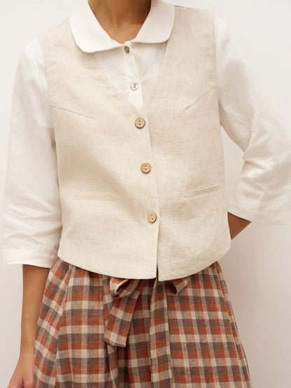 Gilet 100% Lin à Col en V et Fermeture Boutonnée DELIA