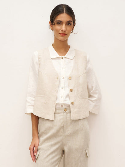 Gilet 100% Lin à Col en V et Fermeture Boutonnée DELIA