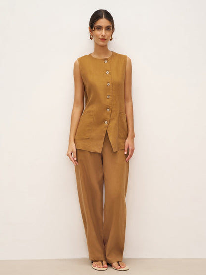 Gilet ELFRIDA 100% Lin à Boutons et Patte de Boutonnage Courbe